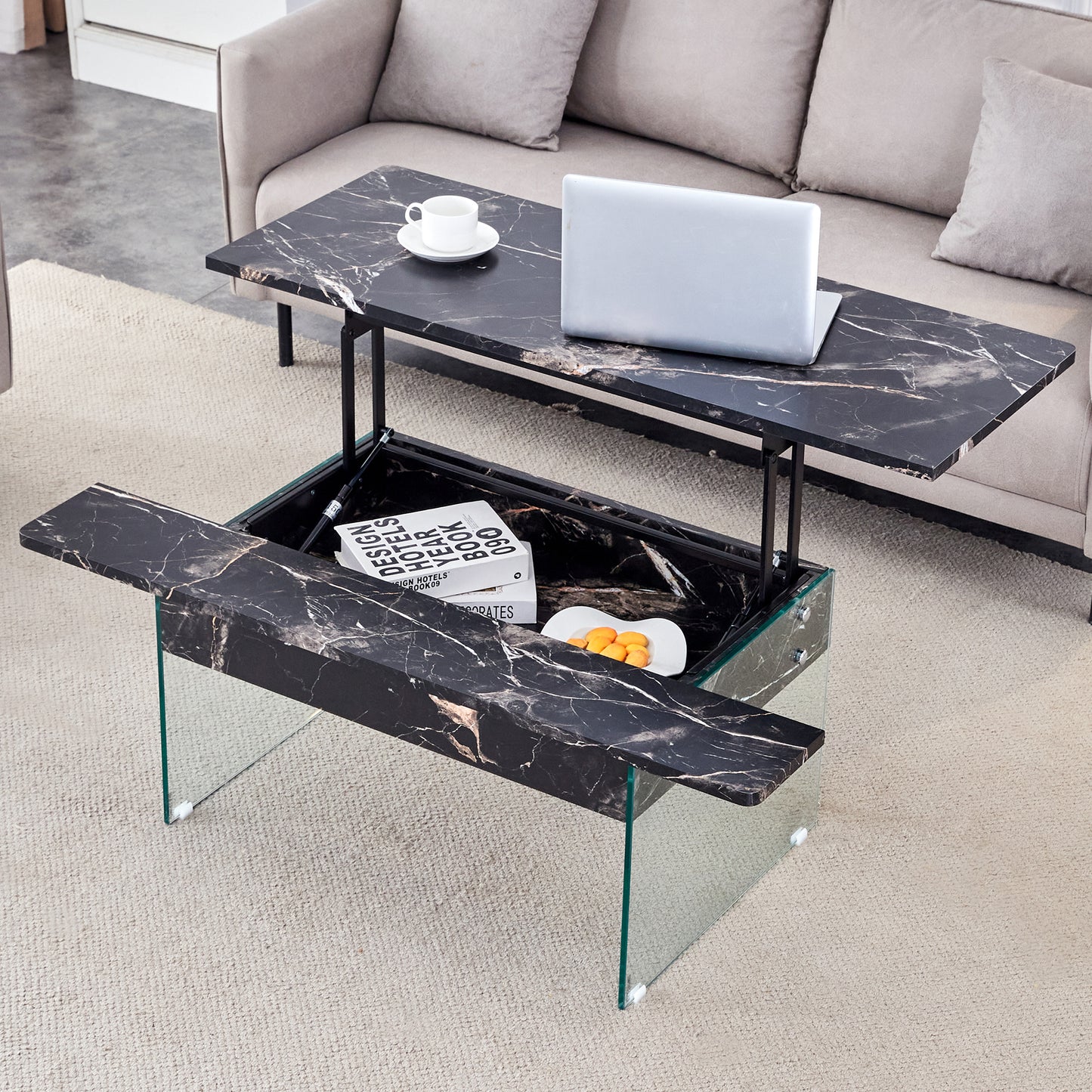 Multifunctional Lift Top Coffee Table -Black Marble Pattern, Essential for Modern Homes.Tempered Glass Legs,Multiple Color Options,Lift Top Feature.Perfectly Fitting Into Both Living Rooms And Office.