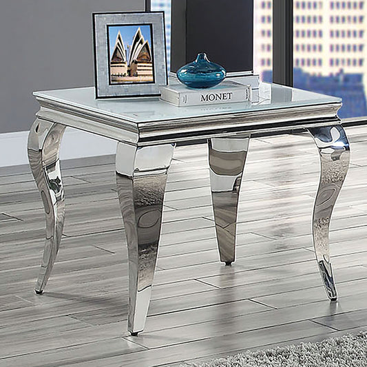 Glam Contemporary 1pc End Table White Glass Top Silver Color Table Living Room Stainless Steel Cabriole-Style Legs