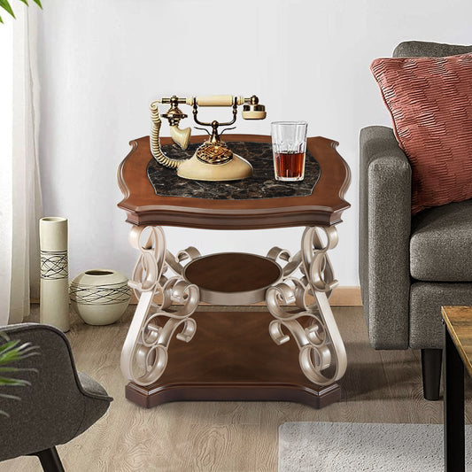 End table, marble paper top,  MDF with brich middle shelf, powder coat finish metal legs. (26.2'Lx26.2'Wx24'H)