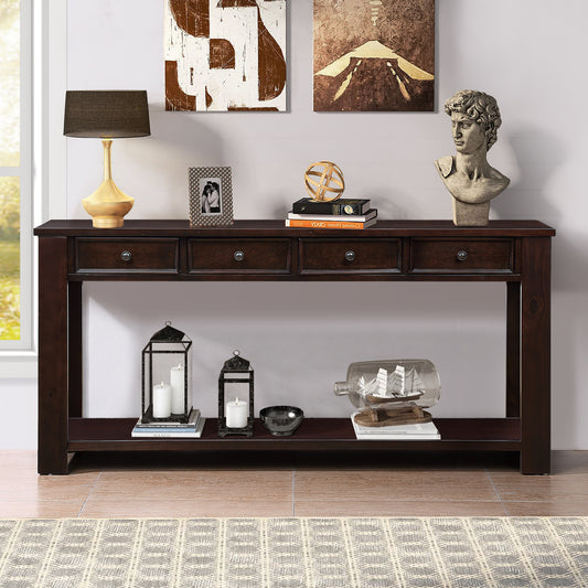 63' Pine Wood Console Table with 4 Drawers and 1 Bottom Shelf for Entryway Hallway Easy Assembly 63 inch Long Sofa Table  Light Espresso