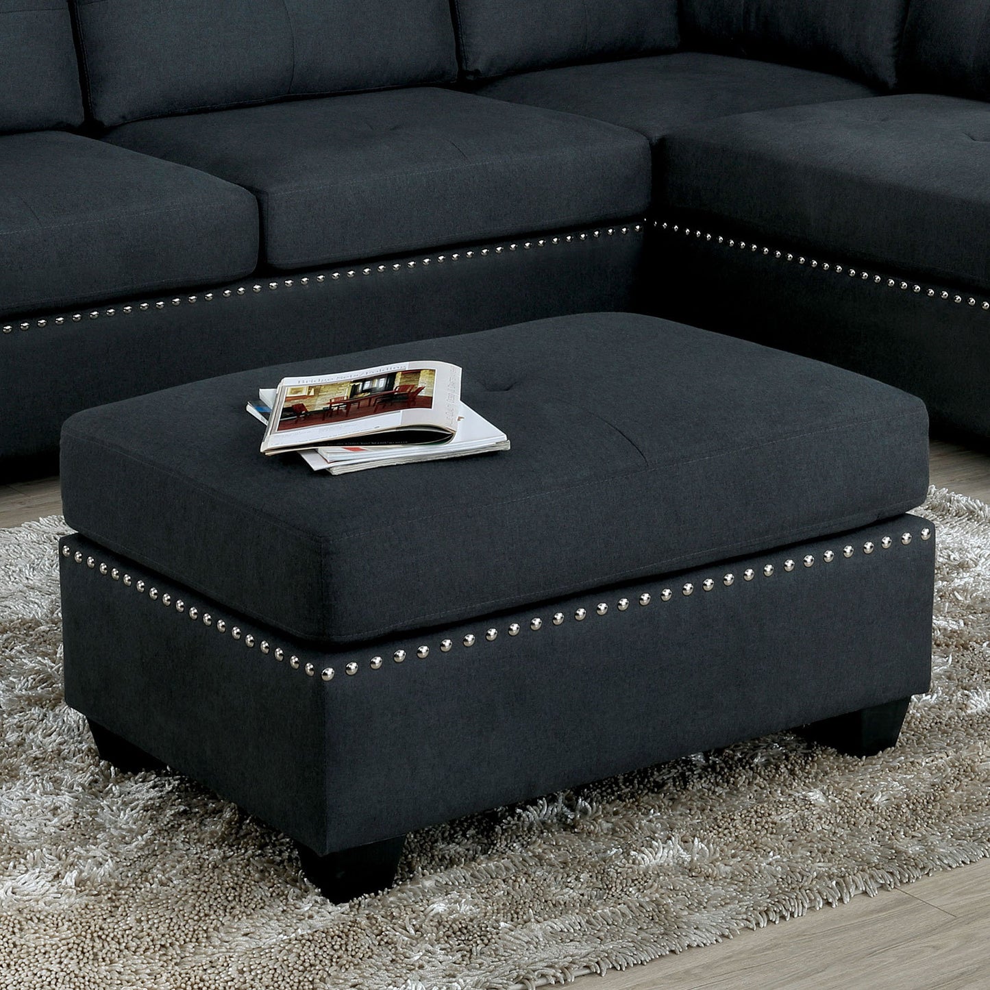 Dark Gray Linen Like Fabric 1pc Ottoman Nail head Trim Box Cushion Tufted Seat Living Room Wooden Ottoman
