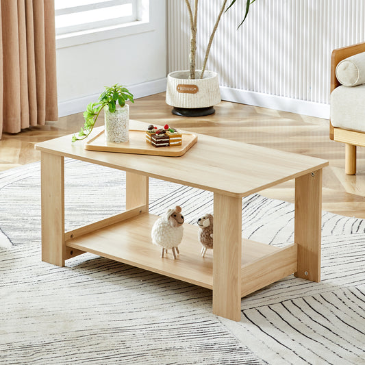 Modern minimalist log colored double layered rectangular coffee table, tea table.MDF material is more durable,Suitable for living room, bedroom, and study room.35.4'*19.6'*16.5' CT-16