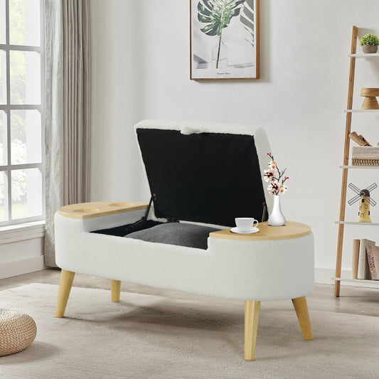 Ottoman Oval Storage bench 3D pile fabric bench with large storage space for living room, entryway and bedroom inoff-white
