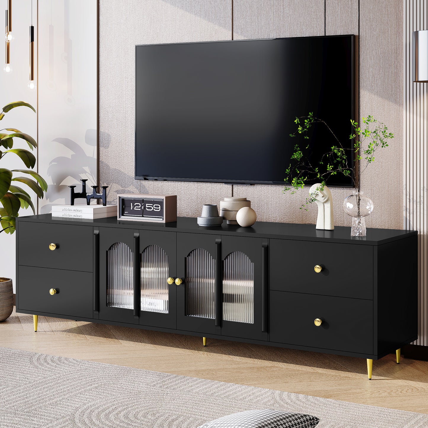 U-Can 70.9'' Modern TV Stand for TVs up to 75 Inches, Entertainment Center with Glass Door, 4 Drawers and 2 Cabinets, Five Metal Legs and Metal Handles for Living room (Date of Expect Arrival: 12/15)