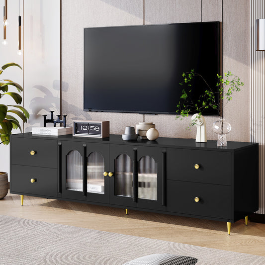 U-Can 70.9'' Modern TV Stand for TVs up to 75 Inches, Entertainment Center with Glass Door, 4 Drawers and 2 Cabinets, Five Metal Legs and Metal Handles for Living room (Date of Expect Arrival: 12/15)