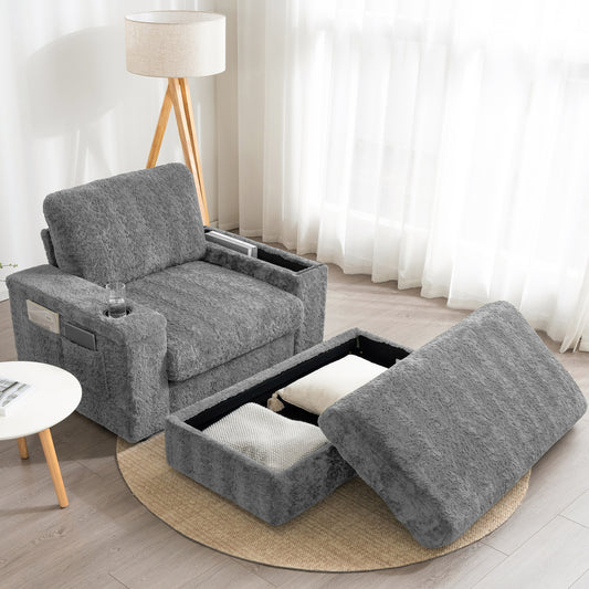 [Video]42' Oversized Chaise Lounge Indoor,Faux Rabbit Fur Sofa Bed with Storage Ottoman and Armrests,Cup Holders,Upholstered Sleeper Chair,Reading Couch with Deep Seat for Living Room,Bedroom,4 Colors