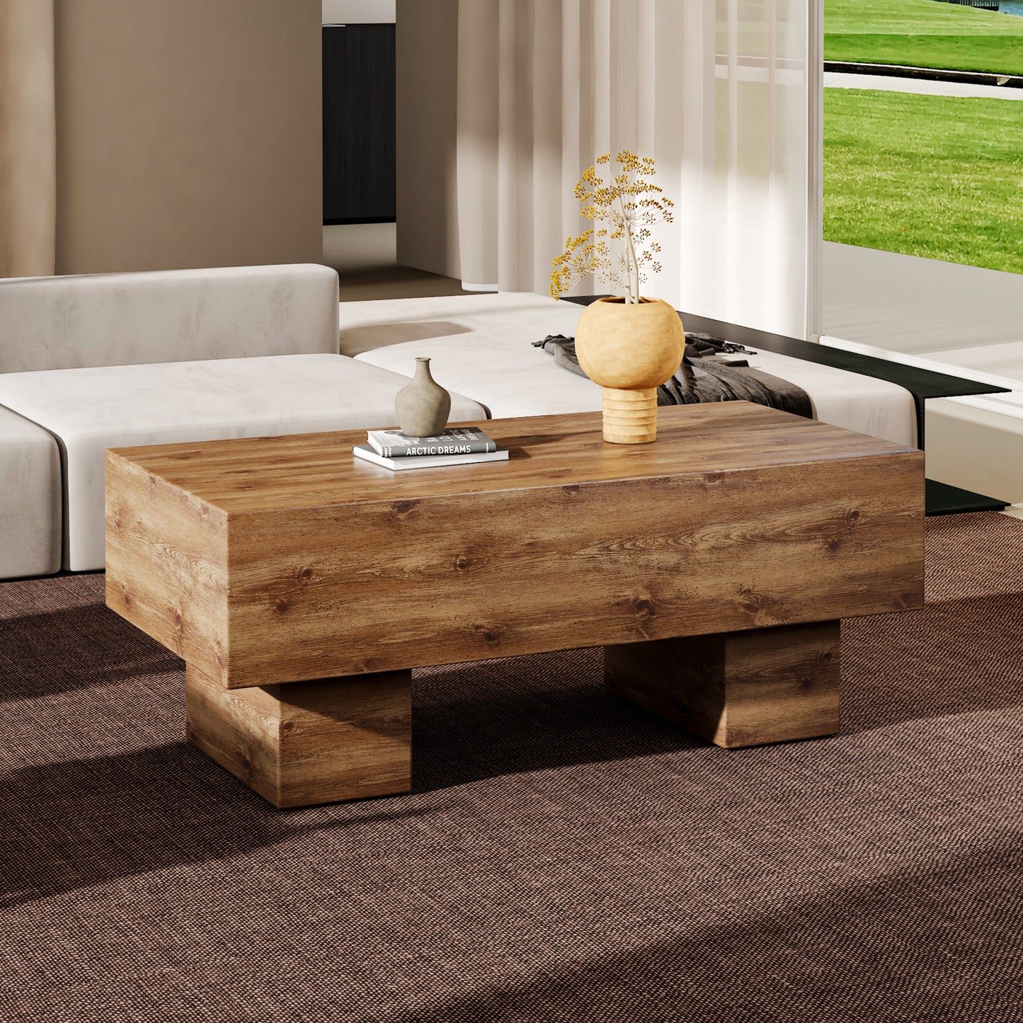 This modern rectangular coffee table features a stylish wood color, making it an ideal addition to any living room or apartment, and measures 43.3 'x 21.6' x 17.2 '.