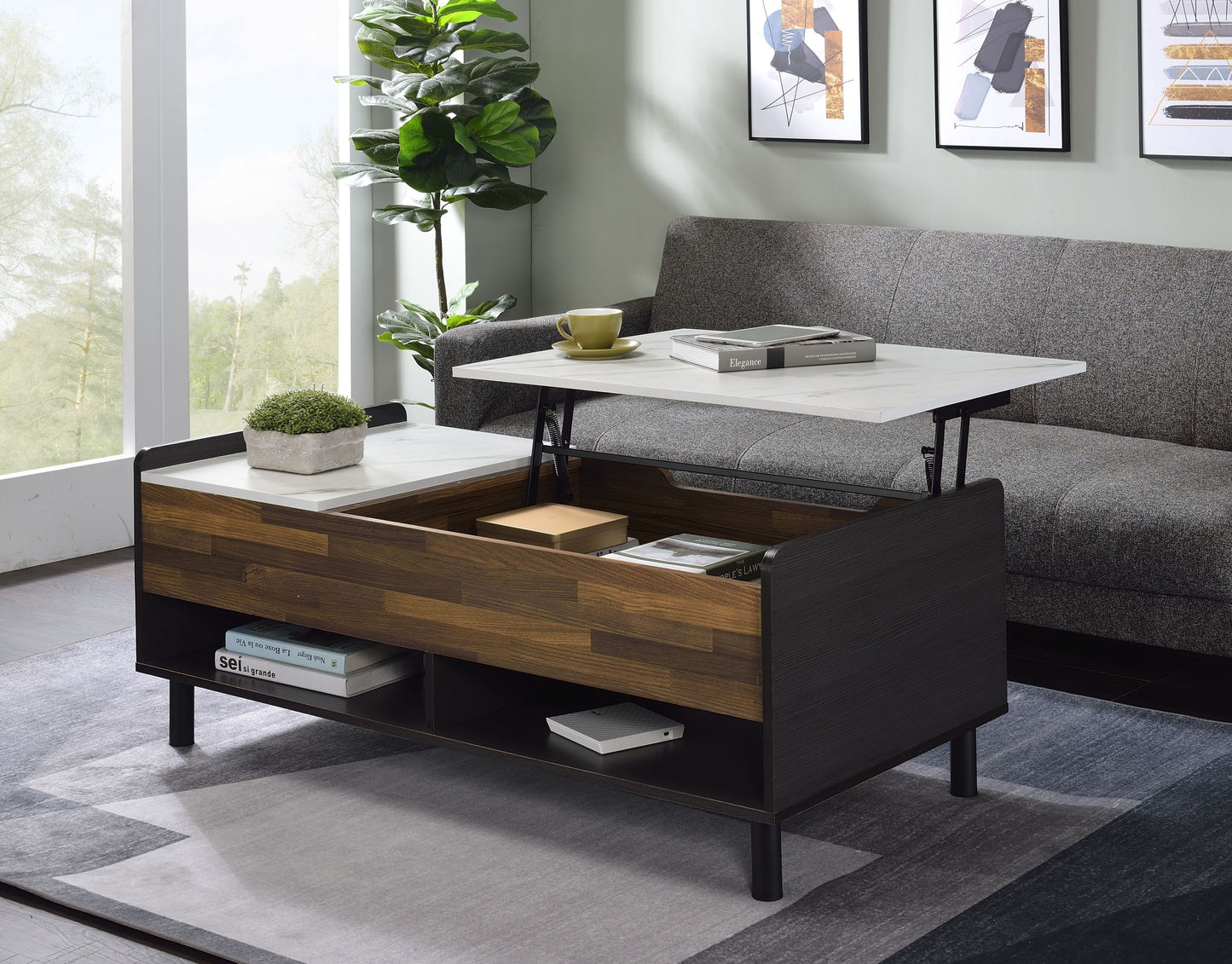 Axel with Printed Faux Marble, Walnut & Black Finish Coffee Table w/ Lift Top