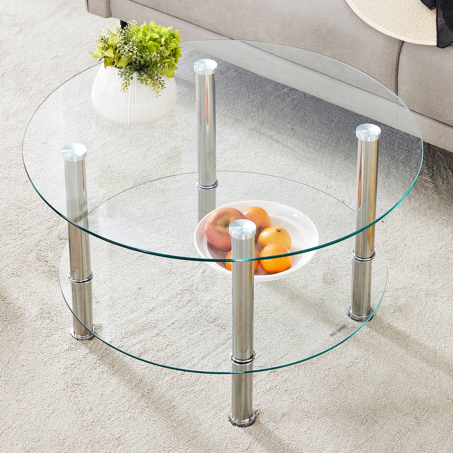 Contemporary Minimalist Double Layer Tempered Glass Coffee Table - 27.5' Top and 23.6' Bottom.Reinforced Glass Tabletop,Stainless Steel Silver Plated Legs.