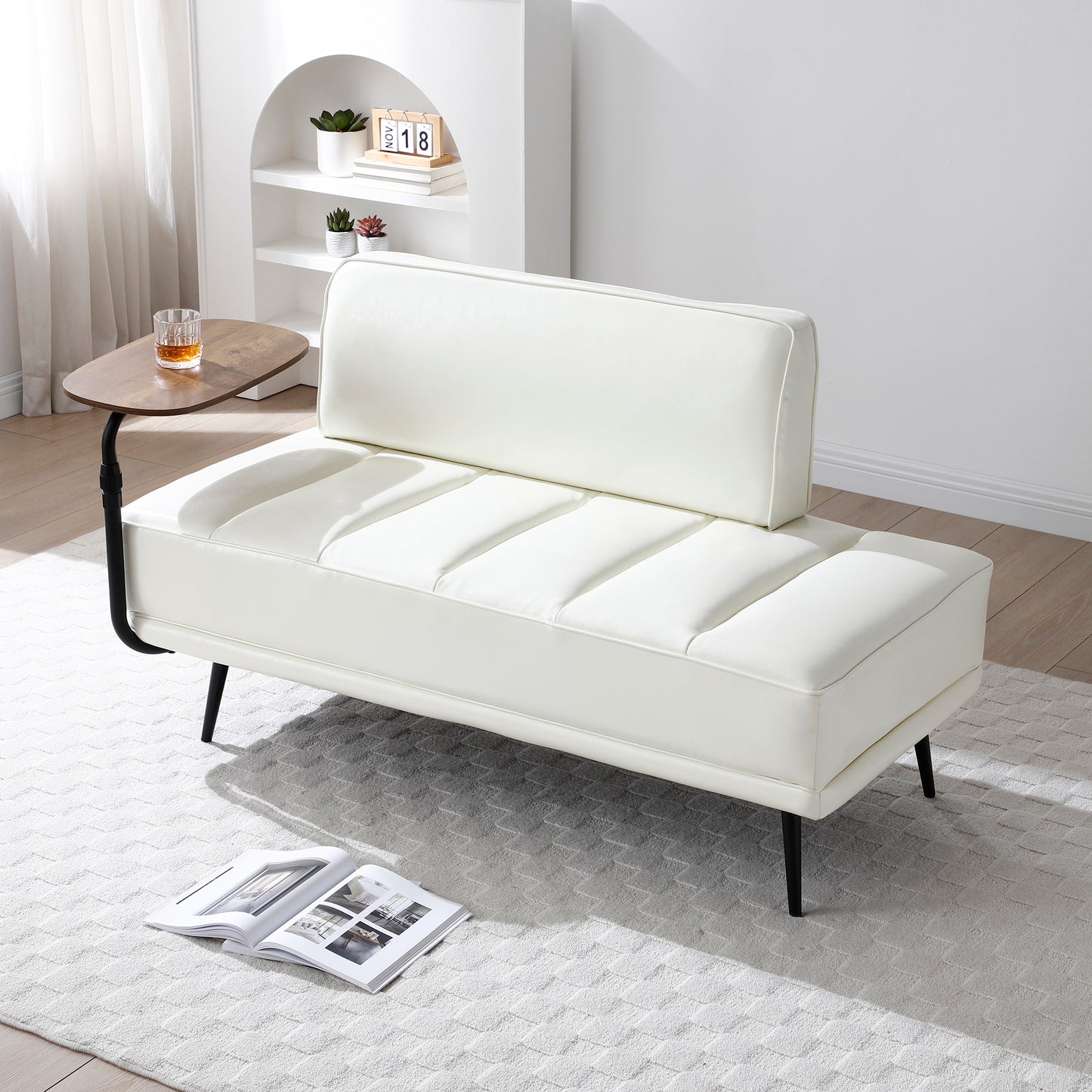 55'Inch Width Modern End of Bed Bench,Beige Faux Leather Upholstered With side table, 360-degree Swivel tray couch,Entryway Ottoman,Window Bench with  Metal Legs for Bedroom, Living Room