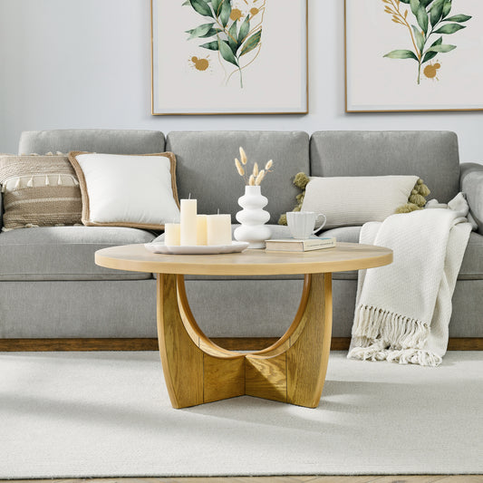 36' Round Coffee Table, Wooden Coffee Tables for Living Room Reception Room Bedroom (Oak Color)