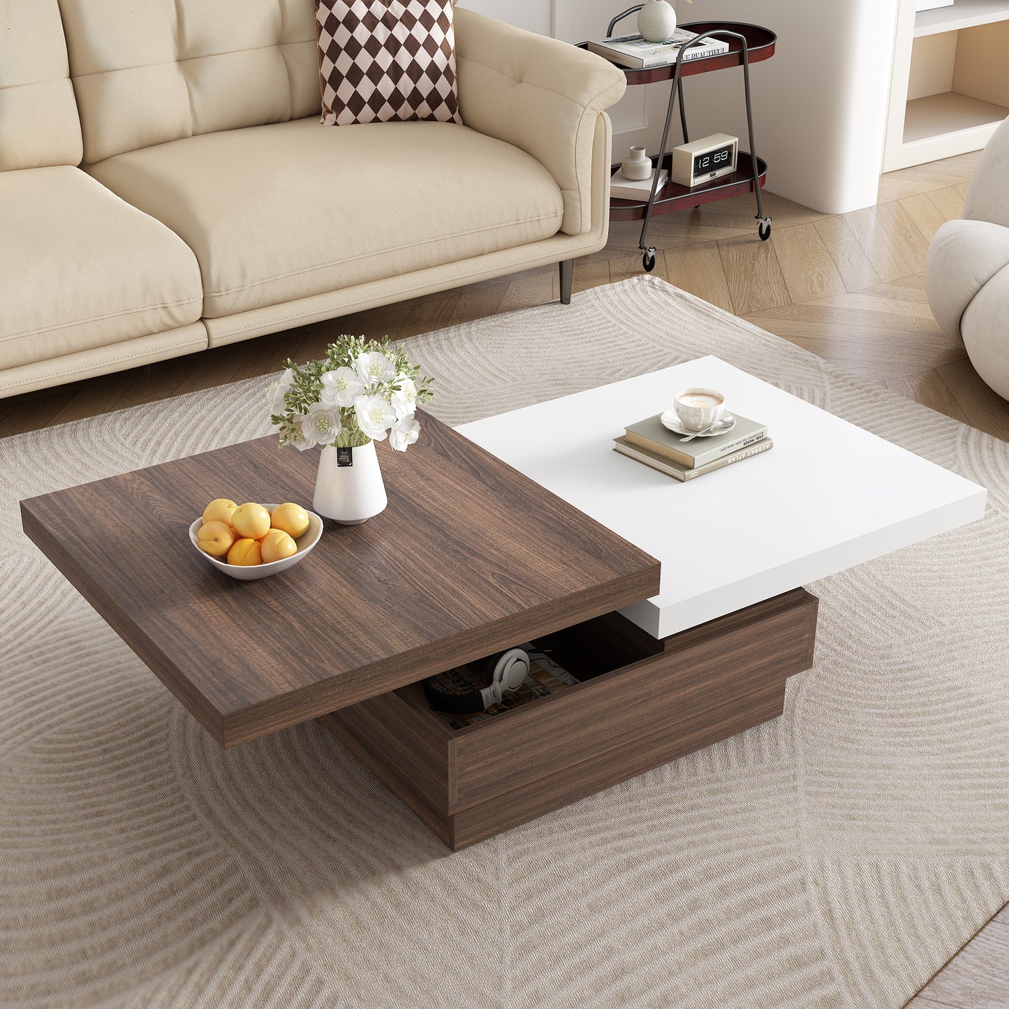 [Video Provided] U-Can Rotatable Top Coffee Table, Modern Square Coffee Table with Wood Grain Design, 1 Hidden Storage Space for Living Room, White+Brown