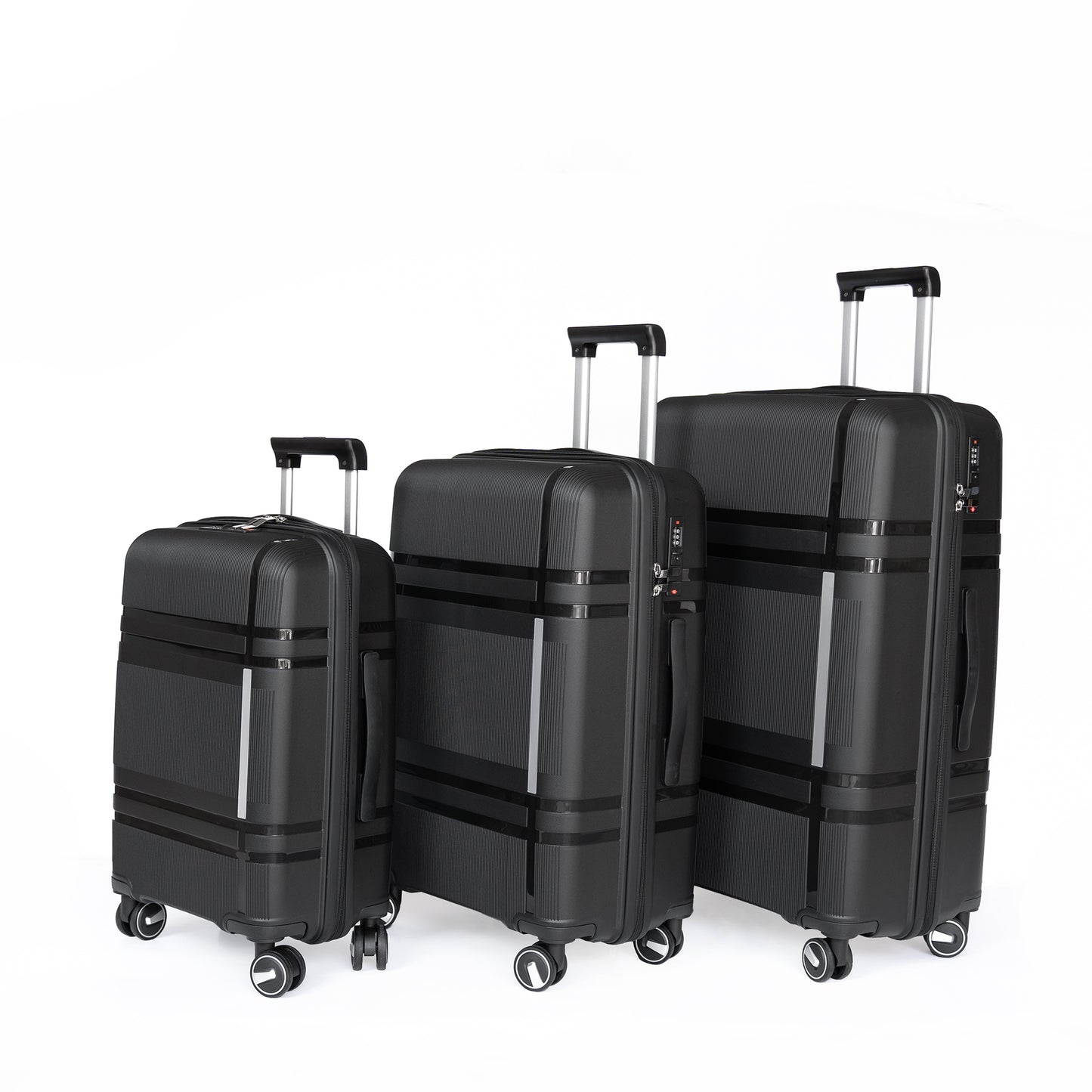 3 Piece Luggage Sets PP Lightweight Suitcase with Two Hooks, Spinner Wheels, (20/24/28) BLACK