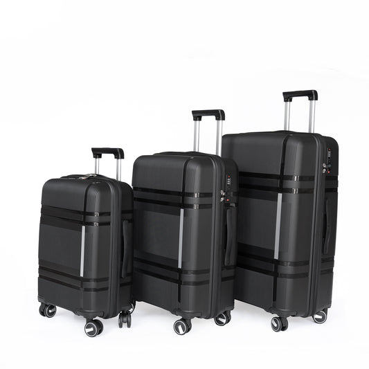 3 Piece Luggage Sets PP Lightweight Suitcase with Two Hooks, Spinner Wheels, (20/24/28) BLACK