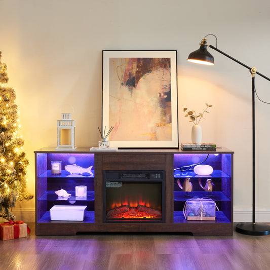 TV Stand Electric Fireplace TV Stand with Glass Shelves, 3D Fireplace TV Stand with LED Lights Wood with USB Charging Outlet Modern Television Table Center for TV up to 32-62' ESP 58''W*15.5''D*24.4