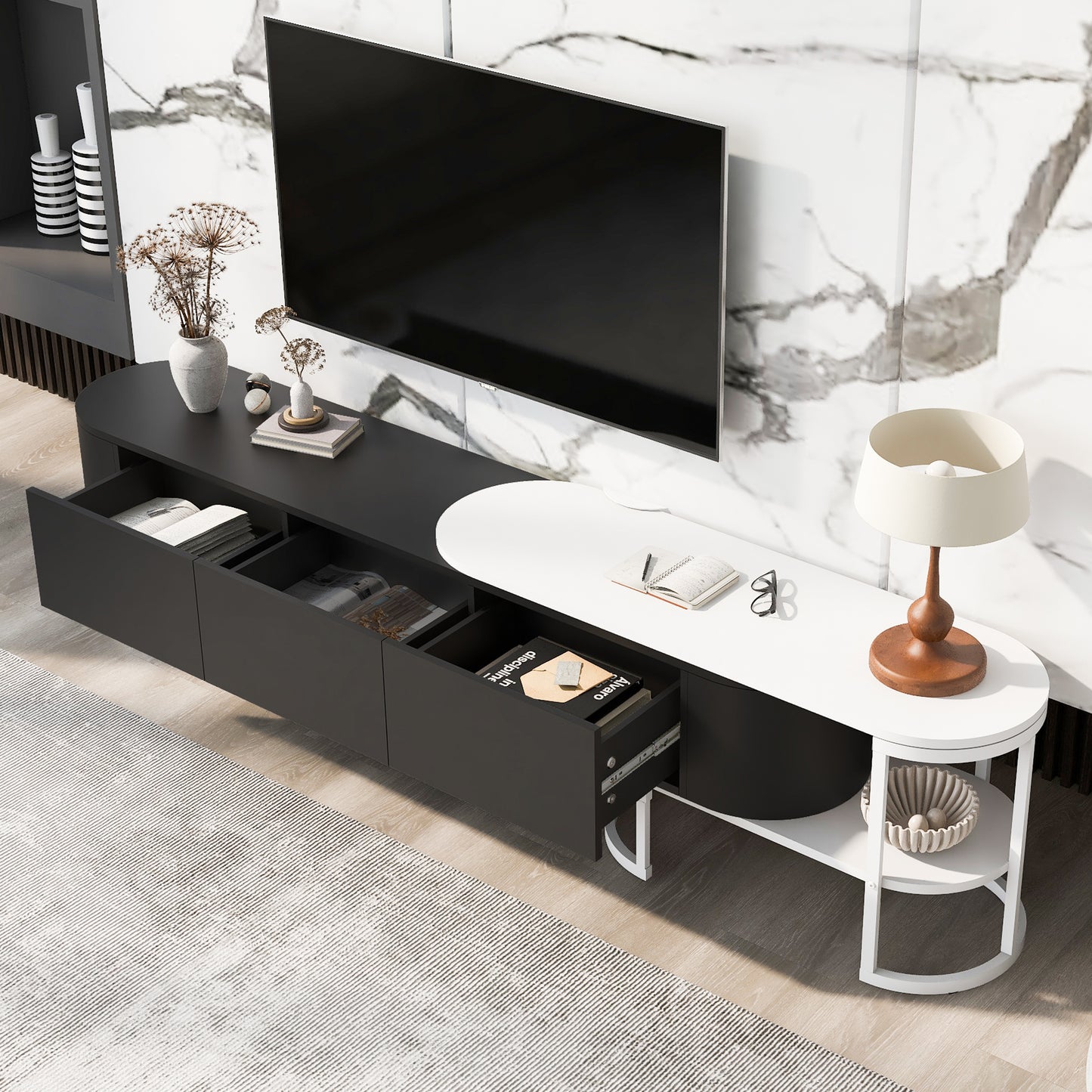 U-Can 67.7''-76.4'' Modern Extendable TV Stand for TVs up to 75 Inches, Entertainment Center Media Console with 3 Drawers, Metal Adjustable Legs for Living room