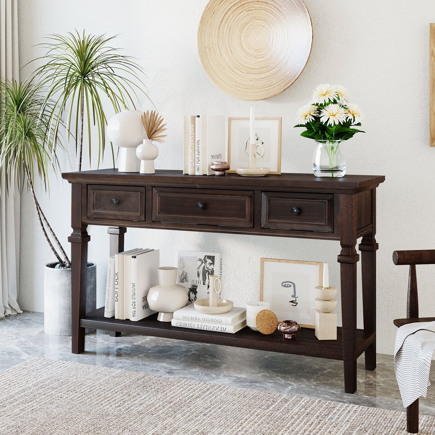 TREXM Classic Retro Style Console Table with Three Top Drawers and Open Style Bottom Shelf, Easy Assembly (Espresso)