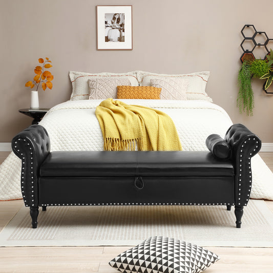 63' PU Upholstered End of Bed Bench Flip Top Entryway Ottoman with Safety Hinge Storage Rectangular Sofa Stool Buttons Tufted Nailhead Trimmed Solid Wood Legs with 1 Pillow,Black
