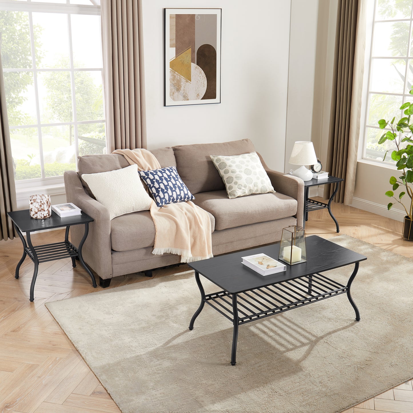 Modern Style 3-Piece Coffee Table Set Rectangle Coffee Table with 2 Square End Side Table Retro Design Coffee Table with Sturdy Base for Living Room Decor (Black)