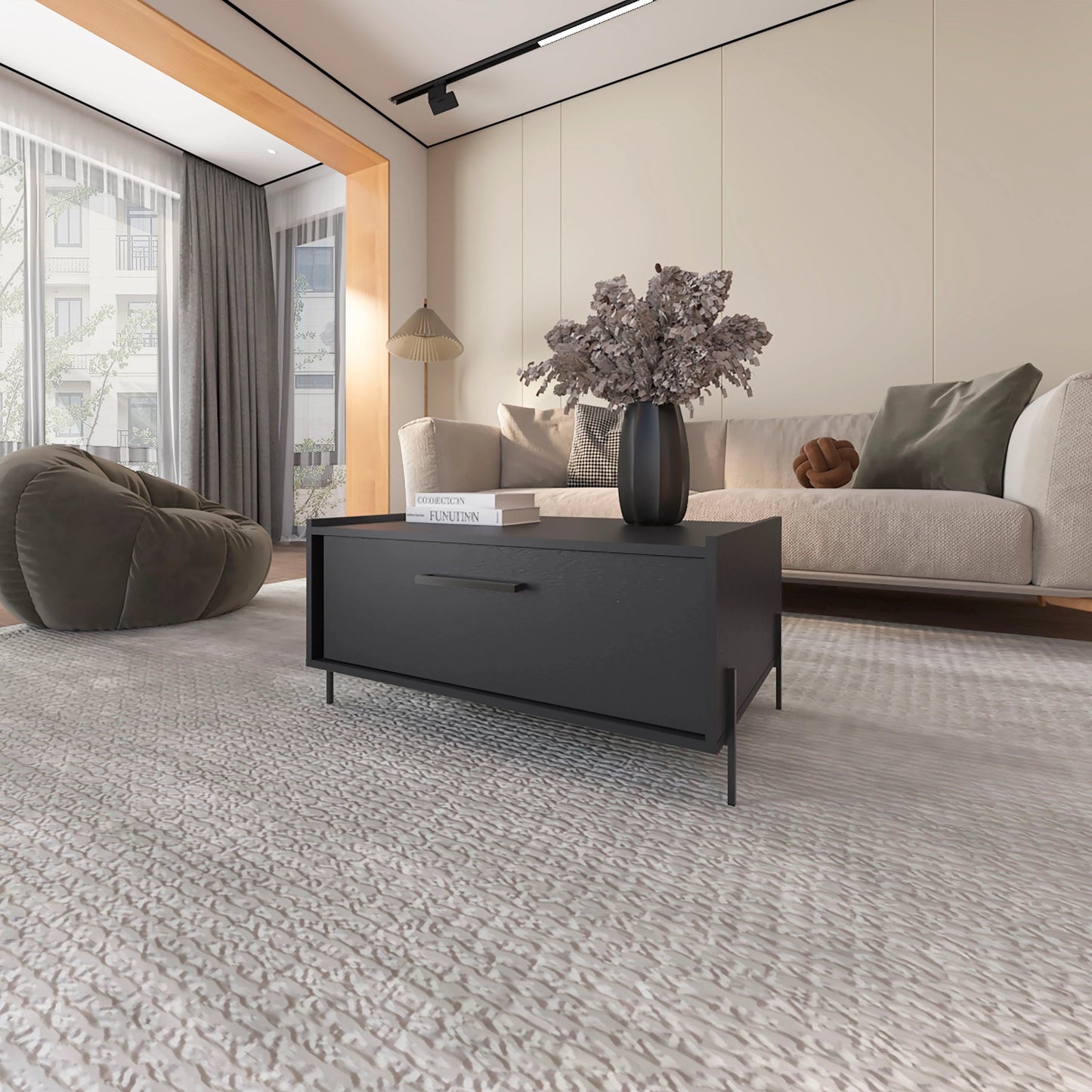 Black Coffee Table with Flip-Down Door