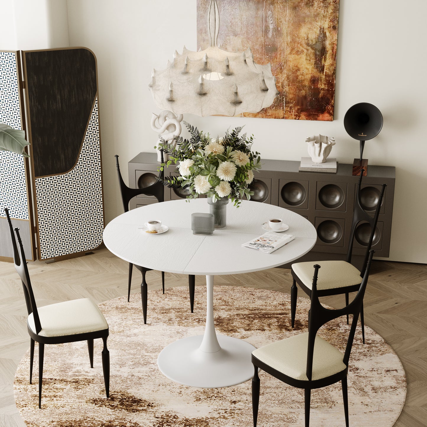 42.13'Modern Round Dining Table,Four Patchwork Tabletops with White Solid Wood Veneer Table Top,Metal Base Dining Table, End Table Leisure Coffee Table