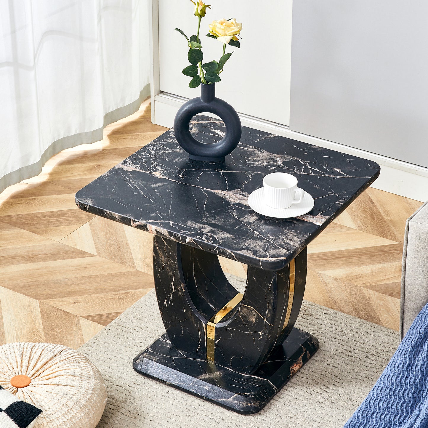 Modern Minimalist Black Marble-Patterned MDF Square Coffee Table. Add a quiet and cozy atmosphere to your home.Black,MDF coffee table,Density Board Sticker,Side table.