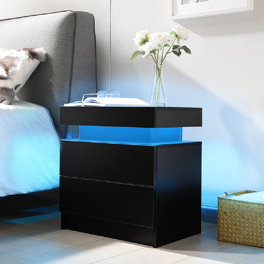 Nightstand LED Bedside Table Cabinet Lights Modern End Side with 2 Drawers for Bedroom (Black)