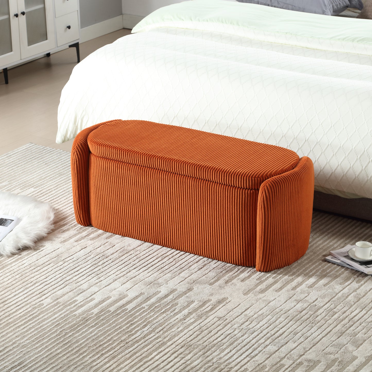 House Hold Storage Ottoman,Bedroom End Bench,Upholstered Fabric Storage Ottoman with Safety Hinge, Entryway Padded Footstool, Ottoman Bench for Living Room & Bedroom (Orange)